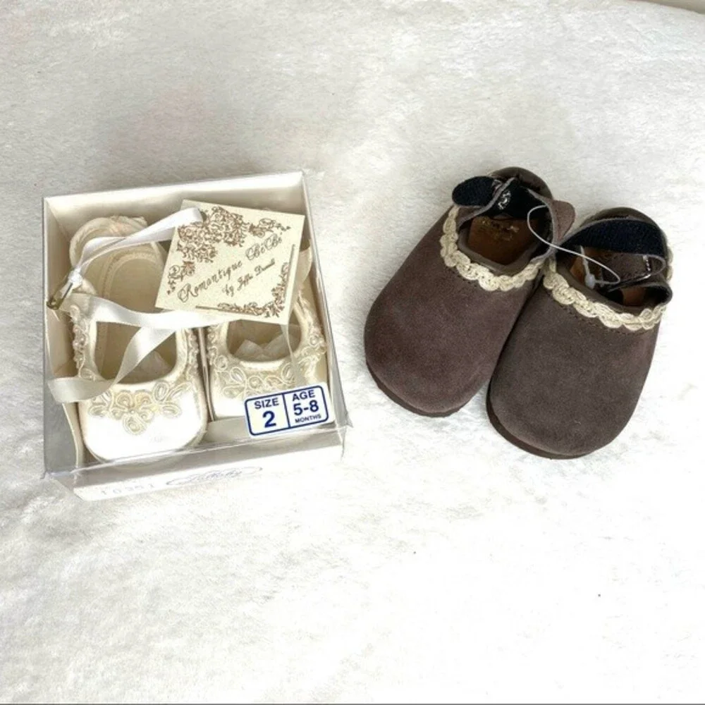 Baby Shoes White Ivory Vintage Gold Bug Clogs Brown Satin Faux Pearl Applique